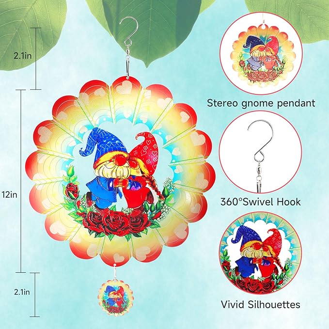 Gnome Wind Spinners Garden Yard Decor Gift for Women Men, 12 Inch Outdoor Metal 3D Wind Spinner, Stainless Steel Hanging Wind Catchers Kinetic Sculpture for Outside Decoration