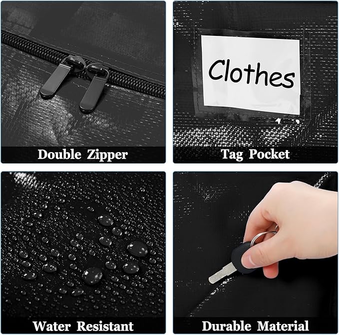 4 Pcs 24 Gallon Large Moving Bags with Zipper and Handles Foldable Storage Duffle Bags Heavy Duty Extra Large Totes for College Dorm Travel Clothes Blankets Bedding Moving (Black)
