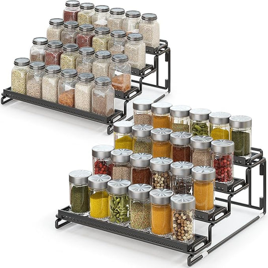 4 Tier Spice Rack Organizer for Inside Cabinet Display Riser Shelf Seasoning Organizer for Countertop Cupboard Pantry Step Storage Holder with Protection Railing (2PC Black)
