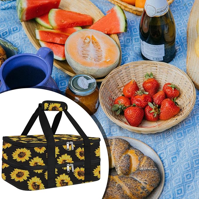 esouler Double Insulated Casserole Carrier Bag Hot & Cold Food Carrier Bag Lasagna Holder Lunch Bag for Picnics, Parties, Travel, Fits 9 x 13 Inches Casserole Dish-Sunflower