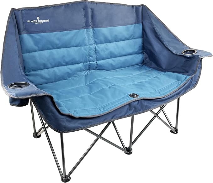 Black Sierra Double Padded Folding Camping Chair, Oversized Folding Camp Sofa, Portable Outdoor Loveseat Supports 500 lbs, Perfect for Beach, Tailgating, RV, Sports, Patio