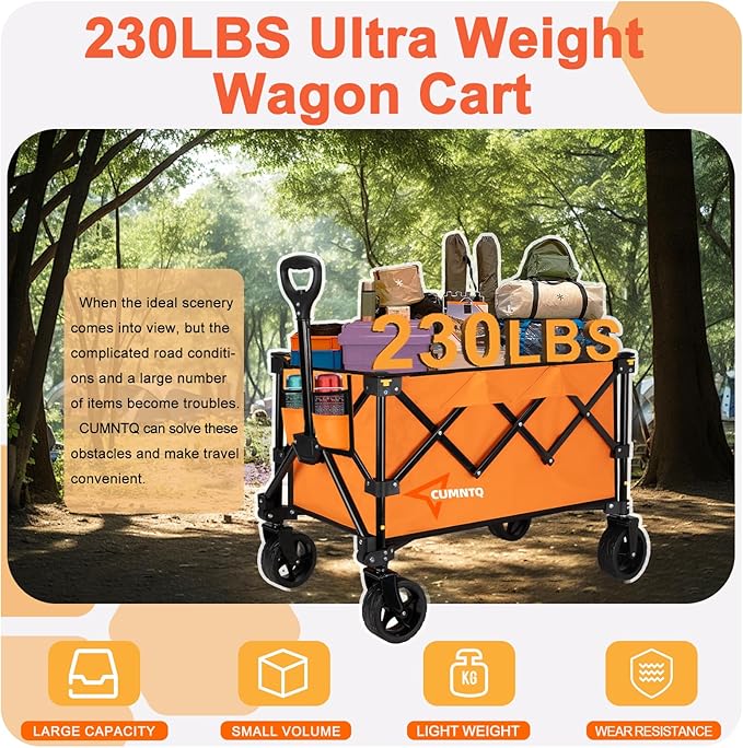 Collapsible Wagon Cart with Wheels, Heavy DutyFoldable Wagon Cart with 230lbs Weight Capacity, UtilityBeach Wagons Portable for Outdoor, Grocery, Camping,Shopping, Orange