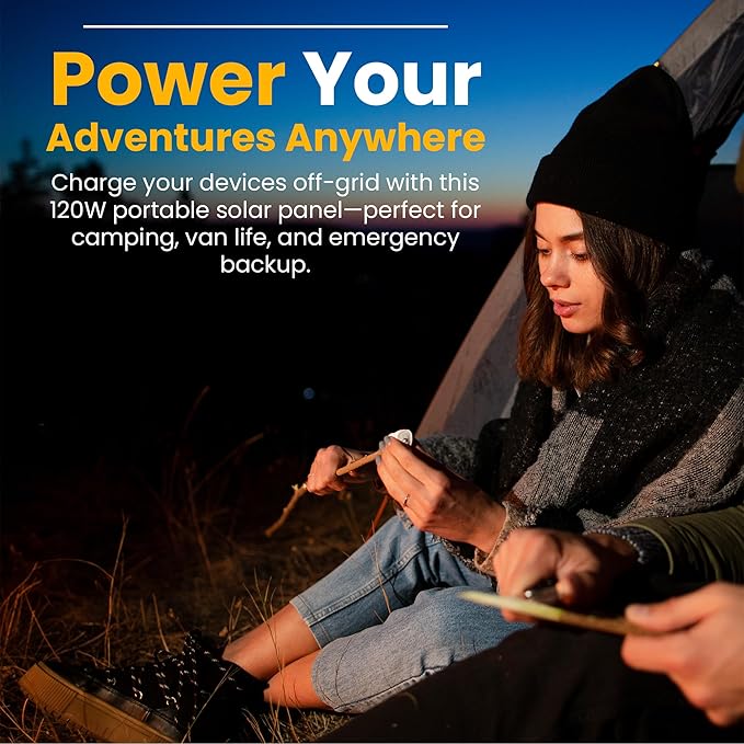 120W Portable Solar Panel & Flexible Solar Panel for Camping | 23% High Efficiency ETFE Foldable Solar Panel | Charger with USB-C & Lightweight with Emergency Power Supply