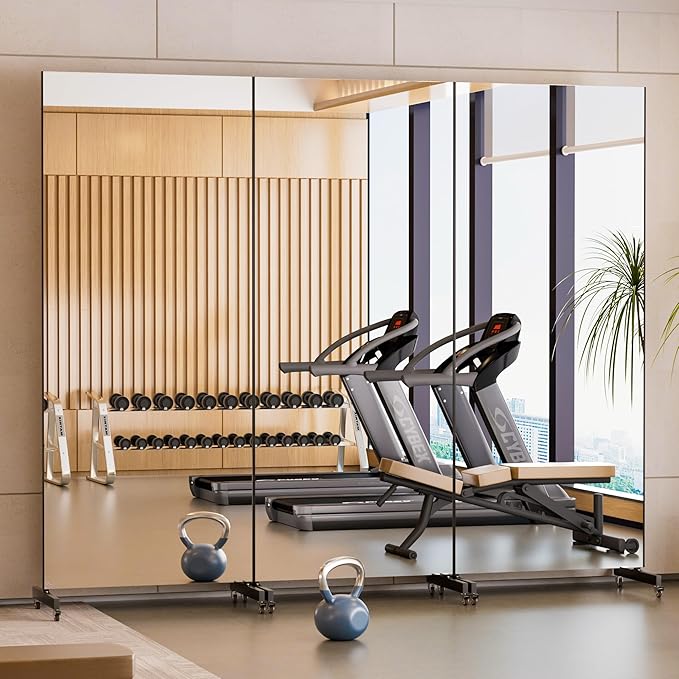 brisafe Home Gym Mirror 360° Swivel on Wheels, 75" X 32" Nano Film Super Lightweight Unbreakable Full Length Mirror for Yoga, Dance Studio, Black