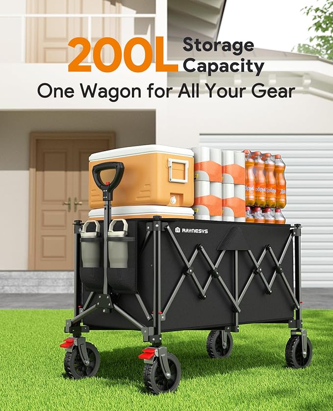 Collapsible Foldable Wagons, 440lbs Capacity Wagons Carts Foldable with All-Terrain Wheels, Heavy Duty Foldable Wagon, Utility Wagon Carts with Brakes for Camping, Sports, Shopping, Beach, Black