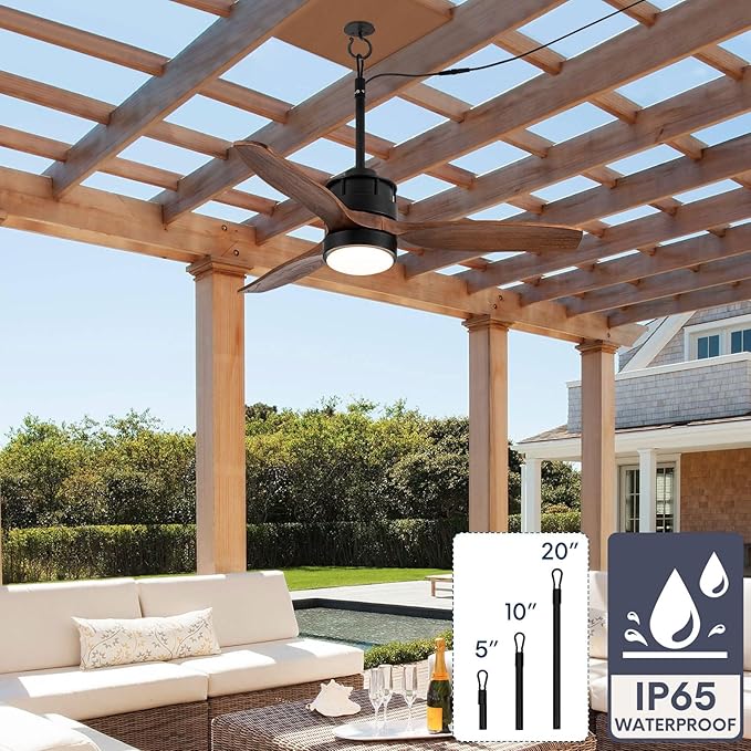 EKIZNSN 32“ Wet Rated Ceiling Fans with Lights Outdoor Hanging for Gazebo Waterproof, DC Motor w 3 Reversible Walnut Wood Blades, Walnut