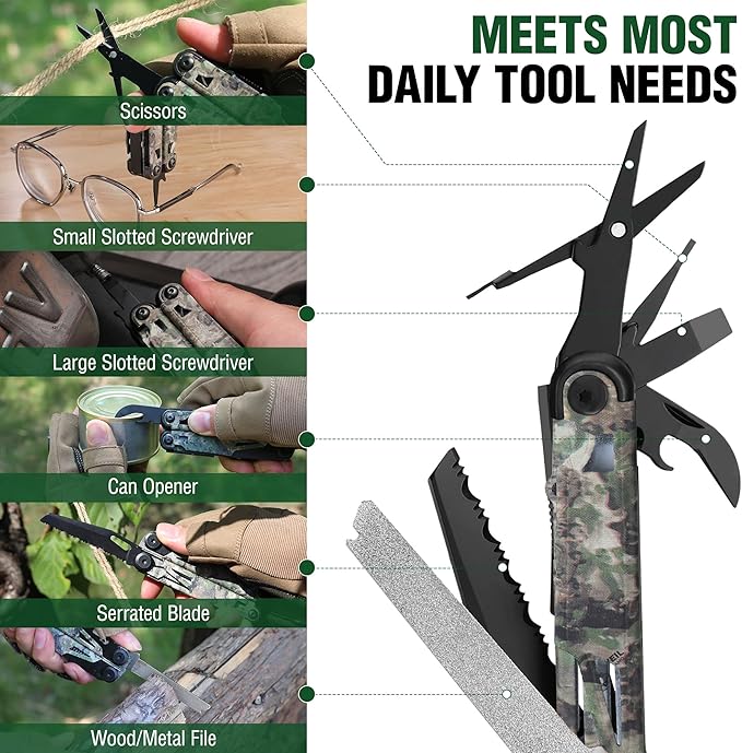 FLISSA Multitool, 15-in-1 Multi Tool Pocket Knife with Sheath, Stainless Steel EDC Multitool Pliers for Men, Camo All-in-One Tools for Camping, Fishing, Survival