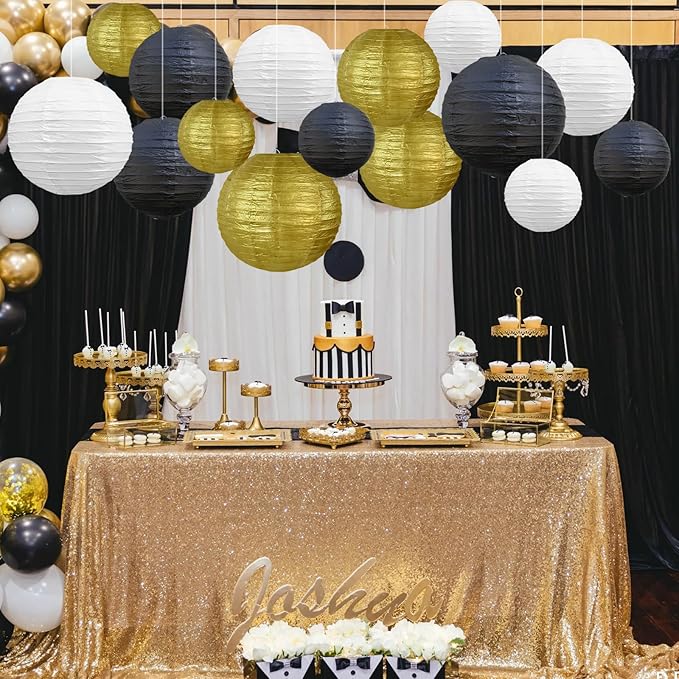 BEISHIDA 16 Pcs Black Gold Paper Lanterns,Hanging Decorative Chinese Japanese Round Paper Lantern Lamp for Wedding Graduation Anniversary Birthday Party Decoration