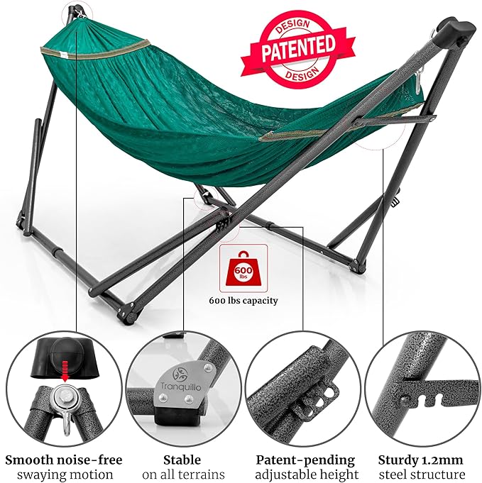 Tranquillo Combo x2 Hammocks with Stand for Outside & Tree Straps, Heavy Duty Hammock with Stand 600lbs for Indoor Outdoor Patio Backyard, x2 Hammocks for 2 Person, Portable Carrying Bags, Peacock