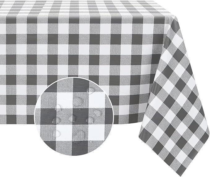 Romanstile Square Vinyl PVC Tablecloth, 100% Waterproof Buffalo Plaid Plastic Table Cloth, Oil Proof Heavy Duty Wipeable Table Covers for Dining/Camping/Picnic/Outdoor - 54 x 54, Grey and White