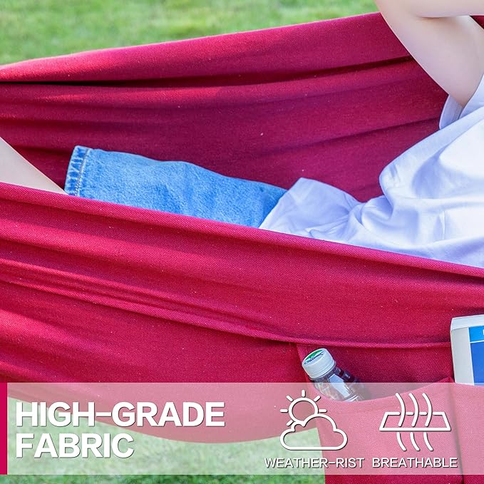 PNAEUT Double Hammocks with Stand for Outside, Portable Space Saving Heavy-Duty Steel Stand for Indoor Outdoor Patio with Carrying Bag, 450 lbs Capacity (Cherry)