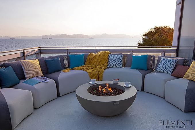 Elementi | Bundle Lunar Gas Fire Pit Cast Concrete 42" Round Fire Table, Outdoor Fire Pit Electronic Ignition | Canvas Cover, Lava Rock Included | Light Gray (Natural Gas)