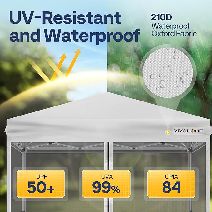 VIVOHOME 10x10ft Easy Pop-Up Canopy, Outdoor Screen Tent with Mosquito Netting, 2 Zipper Doors, and Roller Bag for Yard Camping Picnic Party Events, White