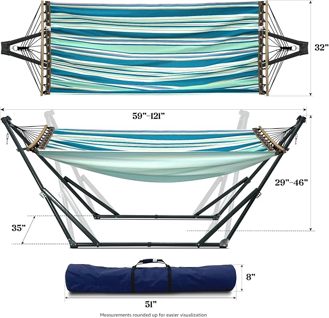 Tranquillo Sturdy Steel Hammock with Stand Premium Cotton Canvas Hammock, 600 lbs Capacity Hammock Stand Folding, Portable 30-Second Fold Unfold for Camping, (Canvas - Blue Leaf)