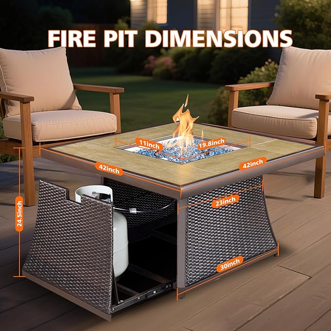 42" Propane Fire Pit Table, Patio Dining Fire Pit Table, 50,000BTU CSA Certified, Tile, Aluminum, & Wicker Details, with Lid&Wind Guard, Outdoor Fire Pit Accessories Included, for Garden, Yard