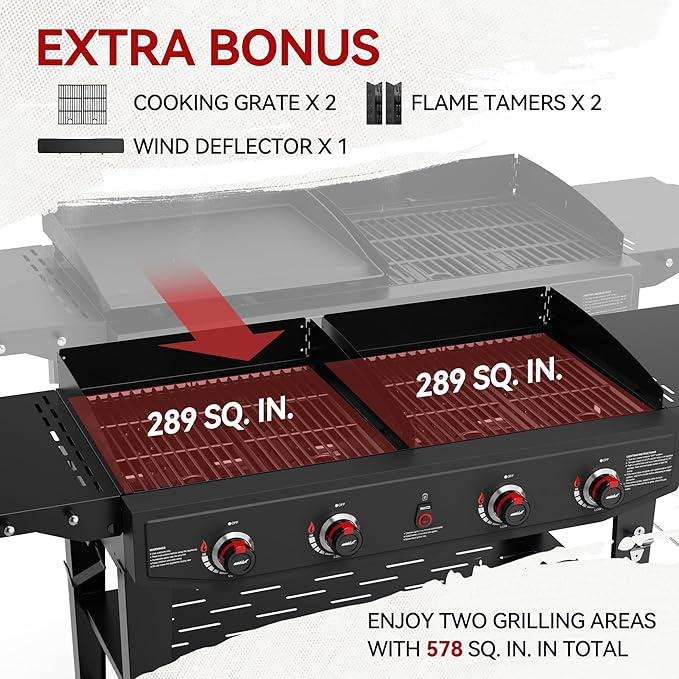 Royal Gourmet GD405A 4 Burner Propane Gas Grill and Griddle Combo with Grilling Gear Set, Griddle Grill Combo with Foldable Side Tables for Outdoor Cooking While Camping or Tailgating, Black