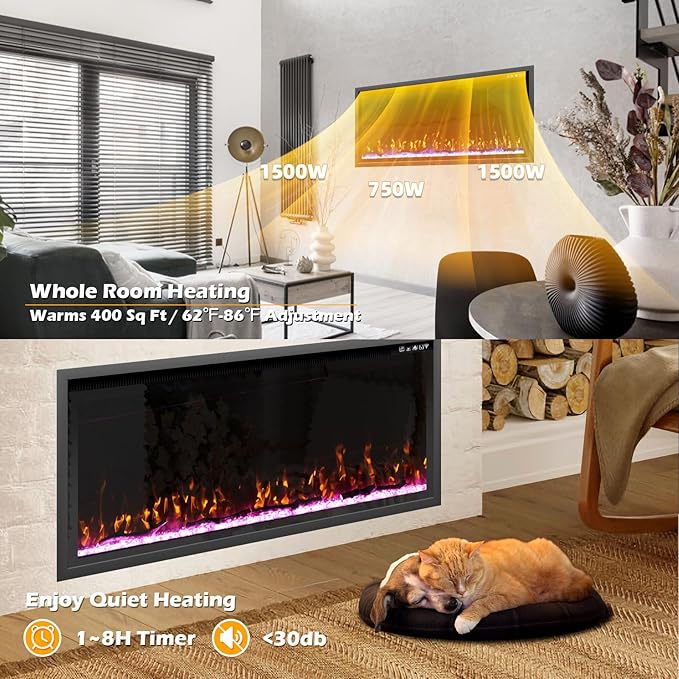 BREEZEHEAT 42 Inch Electric Fireplace-Recessed & Wall Mounted Linear Fireplace-750/1500W Heater w/Temperature Control, Log & Crystal Options, Adjustable Flame, Remote Control