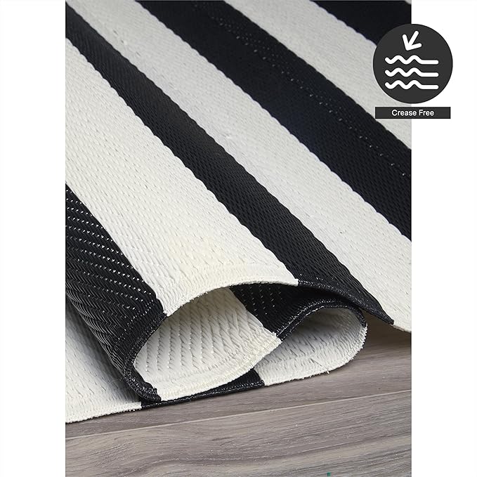 FH Home Outdoor Rug - Waterproof, Fade Resistant, Reversible - Premium Recycled Plastic - Striped - Porch, Deck, Balcony, Mudroom, Laundry Room, Patio - Brittany - Black & White Crease Free - 3 x 5 ft