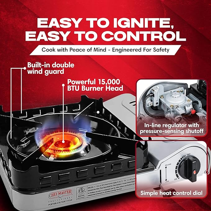 Chef Master 15,000 BTU Portable Butane Camping Stove COMBO with 4 x 8oz. Butane Fuel Canister, Double Wind-Guard Portable Stove Burner for Emergency, Road Trip, Backpacking & Camping Essential - 90019
