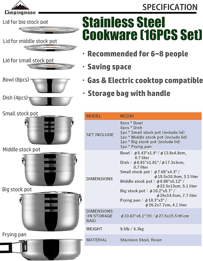 CAMPINGMOON Camping Cookware Set Stainless Steel Outdoor Nesting Cooking Mess Kit Pots Pans Bowls with Storage Carrying Tote Bag