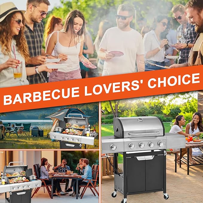 4-Burner BBQ Propane Gas Grill with Side Burner, 51,000 BTU Stainless Steel Patio Barbecue Grill with Waterproof Cover, Pull Out Grease Tray, For Camping, Outdoor Cooking (Style3)