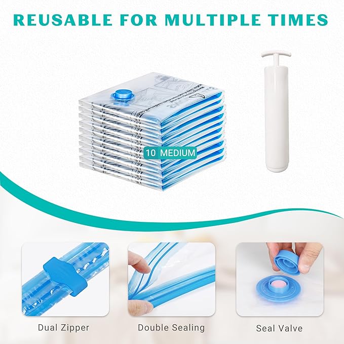 10 Pack Medium Vacuum Storage Bags Seal Bags for Bedding Clothing Compression Bags for Travel Blankets and Comforters Hand Pump Included