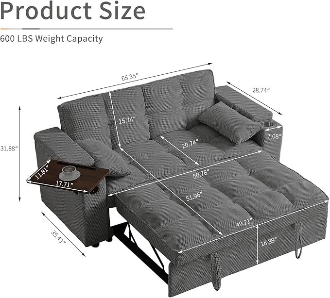 65'' 3-in-1 Folding Convertible Sofa Bed, Queen Size Pullout Sofa, Modern Chenille Fabric, 360° Swivel Side Table, Easy Assembly, Perfect for Living Room