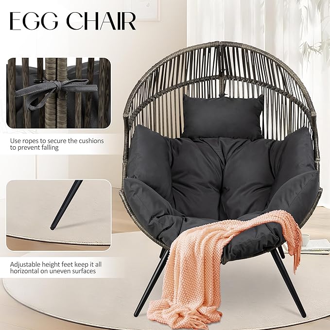 JAMFLY Egg Chair Wicker Outdoor Chairs, Oversized Patio Chair Oversized Lounger Chair with Cushion for Indoor Living Room, Bedroom, Outside Patio Backyard Balcony, Dark Gray