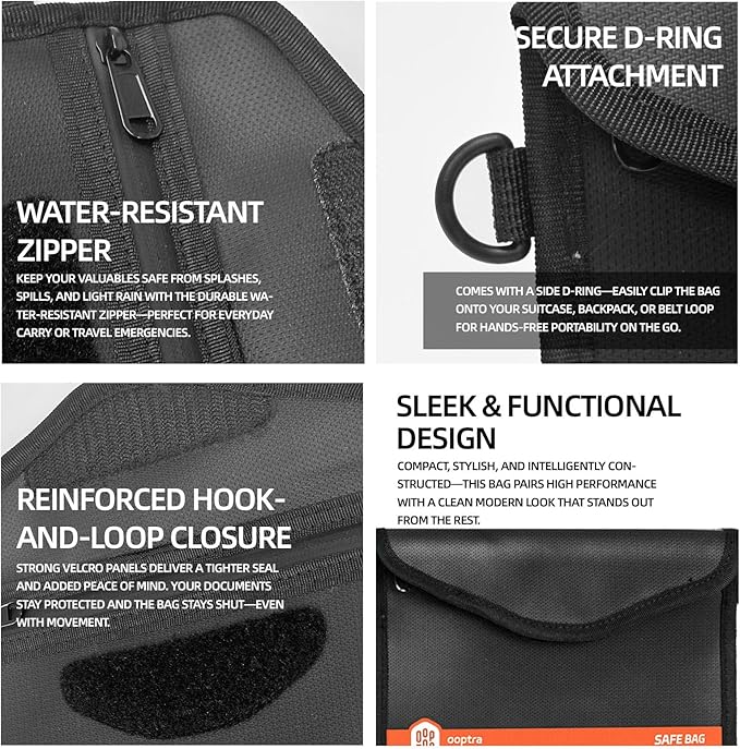 Fireproof Document Bag (Black) – Waterproof Zipper – Lightweight & Portable – for Home, Office & Travel – Holds Files, Cash, Passport, Valuables – Fire & Water Resistant – with External Buckle