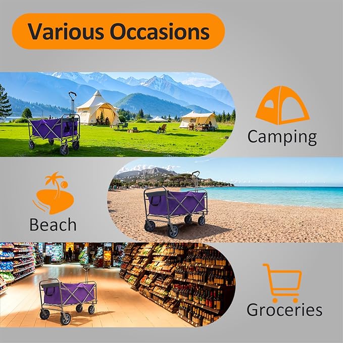 Collapsible Wagon Cart, Large Capacity Utility Foldable Garden Cart, 150 lb Heavy Duty Outdoor Wagon with All-Terrain Wheels, for Camping, Garden,Shopping, Sports, Purple