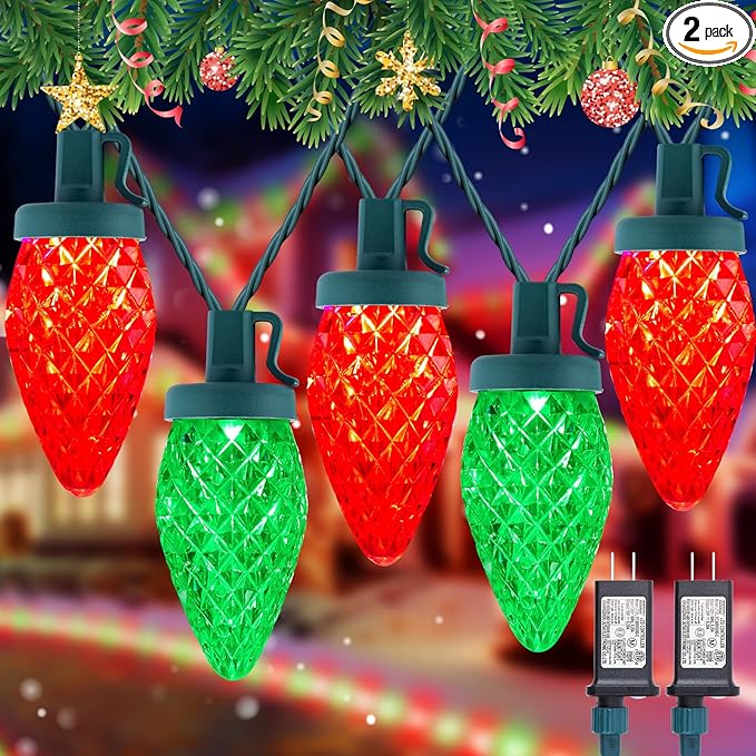 2 Pack C9 LED Christmas String Lights - Each 82ft 100 LED Outdoor String Lights with Timer and 8 Lighting Modes, Plug in Extendable Roofline Lights String for Outside Yard Christmas Holiday Decoration