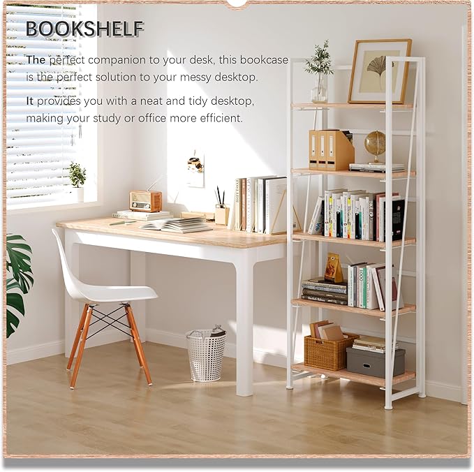 4NM No Assembly Folding Bookshelf, 5-Shelf 62.2" H Collapsible Foldable Bookcase Storage for Small Spaces, Natural White