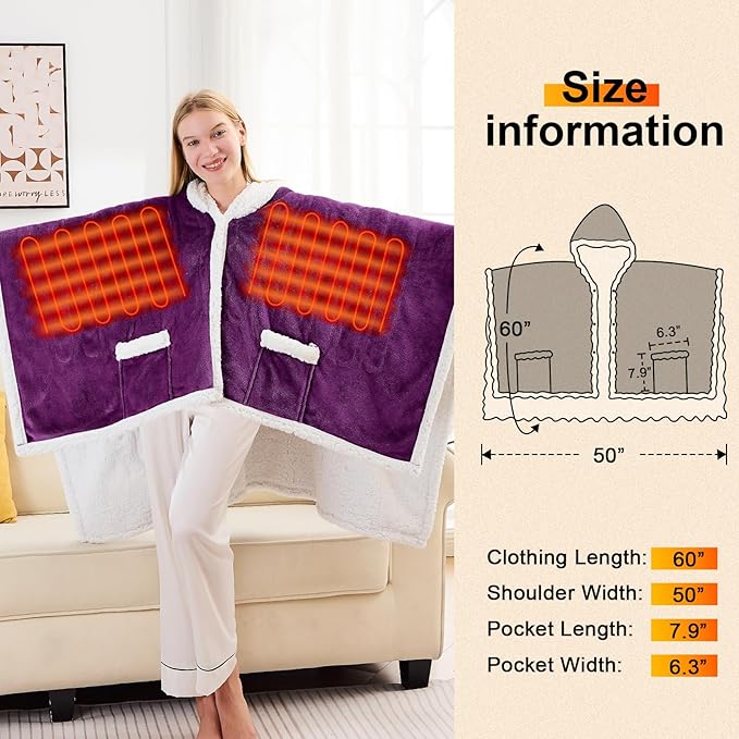greenoak Wearable Heated Throw Blanket Electric Shawl - Heated Robe Poncho Blanket Hoodie for Adult, Winter Gifts for Mom Women Girlfriend Grandma 5-Position Timer 10-Heating Levels,Purple