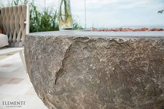 Elementi | Boulder Gas Fire Pit Cast Concrete Semi-Round Fire Table, Outdoor Fire Pit Electronic Ignition | Canvas Cover, Lava Rock Included | Propane Gas