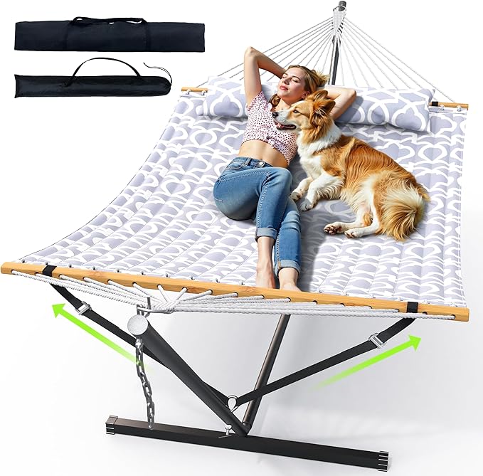 Double Hammock with Stand for Outdoor, Heavy Duty Portable Hammock with Adjustable Steel Stand for Patio, Garden, Beach, Backyard - Includes Carrying Bag,White Grey