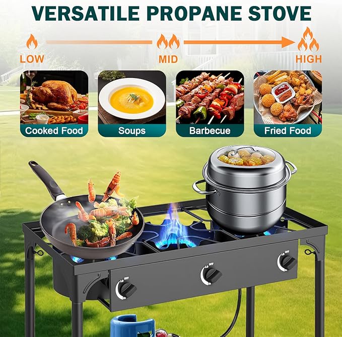 3 Burner Propane Gas Stove for Outdoor Cooking| 225,000 BTU High-Pressure Heavy-Duty Camping Stove with Regulator, Detachable Legs | Portable for Backyard Cooking, BBQ, Baking and Frying