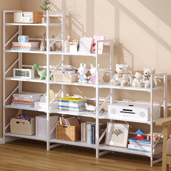 JSB No Assembly Folding Bookshelf, 5 Tier Industrial Metal Book Shelf for Storage, Vintage Wood Foldable Bookcase for Living Room, Bedroom, Office Organization Shelves