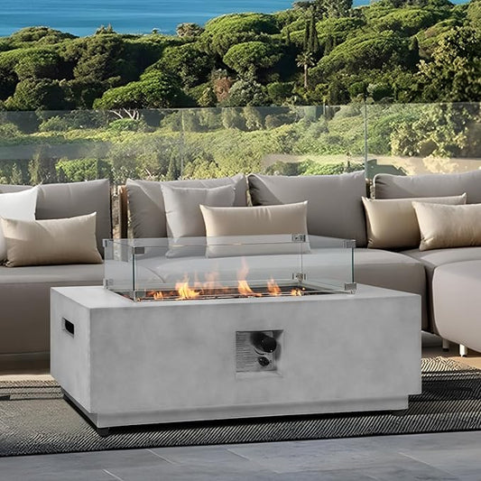 42" Rectangular Propane Fire Pit – 50,000 BTU Concrete Fire Pit with Glass Wind Guard – Outdoor Firepits – Gas Fireplace for Deck or Patio