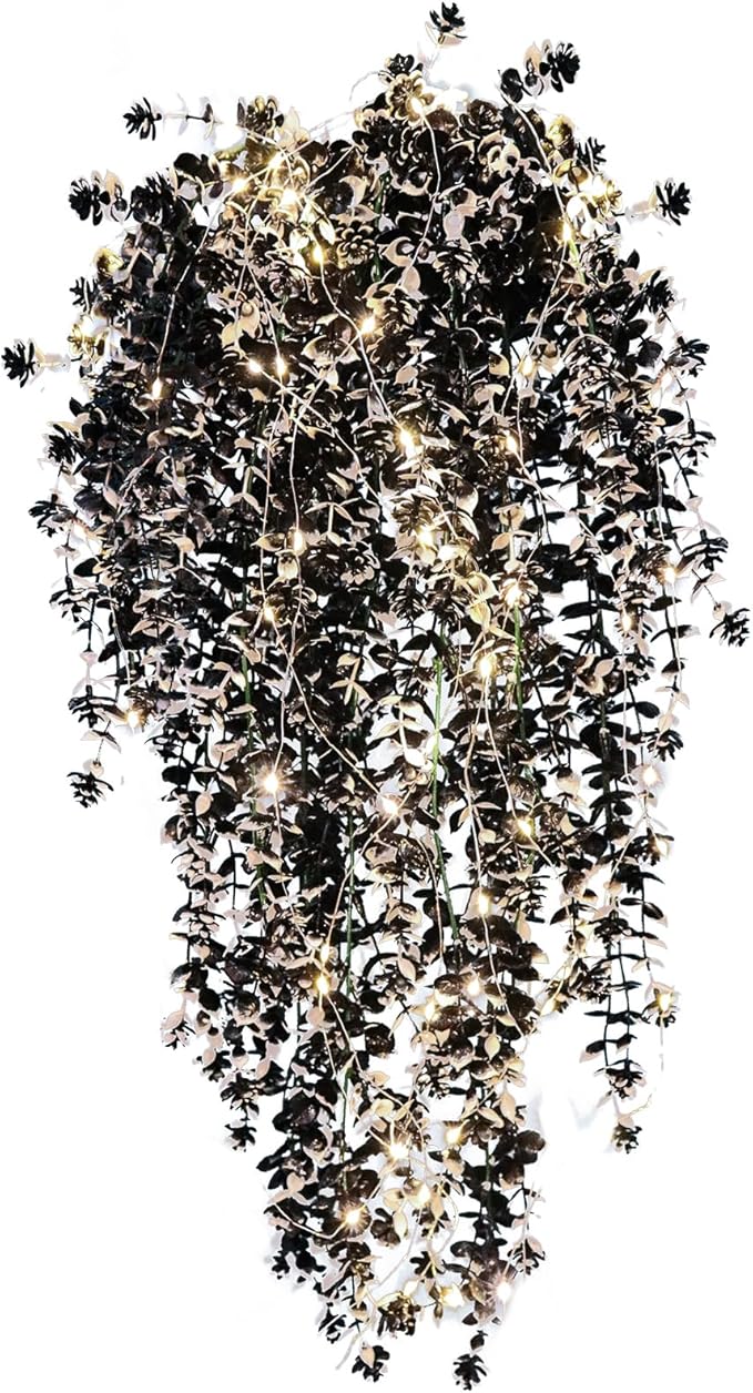 Black Hanging Fake Plants Fake Vines Artificial Plants Faux Hanging Plant with Lights, Artificial Hanging Plants for Indoor Outdoor Wedding Halloween Party Fall Wall Room Door Decor(Black White)