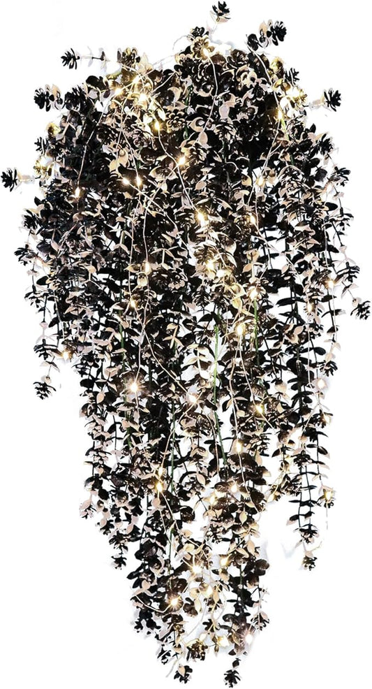 Black Hanging Fake Plants Fake Vines Artificial Plants Faux Hanging Plant with Lights, Artificial Hanging Plants for Indoor Outdoor Wedding Halloween Party Fall Wall Room Door Decor(Black White)