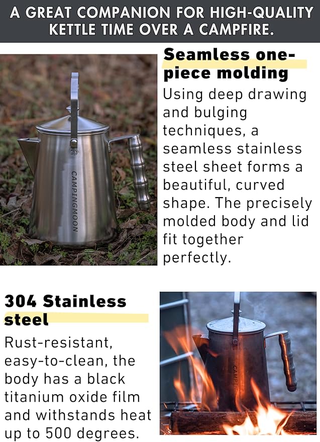 CAMPINGMOON 1.5L Campfire Kettle Stainless Steel Camping Coffee Pot Full capacity 1.86L SW-6