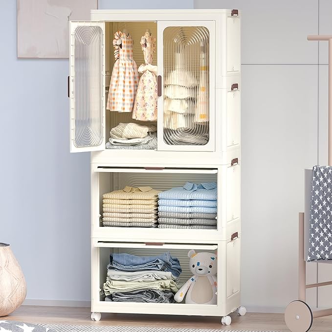Collapsible Expandable Wardrobe Closet, Multi-Function Plastic Wardrobe,Wardrobes Storage Cabinet (4 Cubes+1 Hanging Rod)