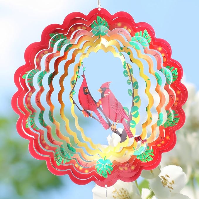 Cardinal Wind Spinners Gift for Women Men, 12 Inch Outdoor Metal 3D Wind Spinner Garden Yard Decor, Hanging Wind Catchers Stainless Steel Kinetic Sculpture for Outside Decoration