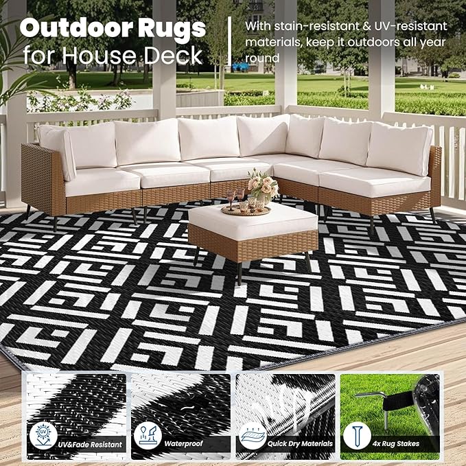 8x10Ft Outdoor Rug, Solar Powered Outdoor Camping Rug with 113LEDs Light Strip, Waterproof Plastic Straw Rug Reversible, Rug Mat for House Deck RV Camping Patio Picnic Beach Balcony (Black White)