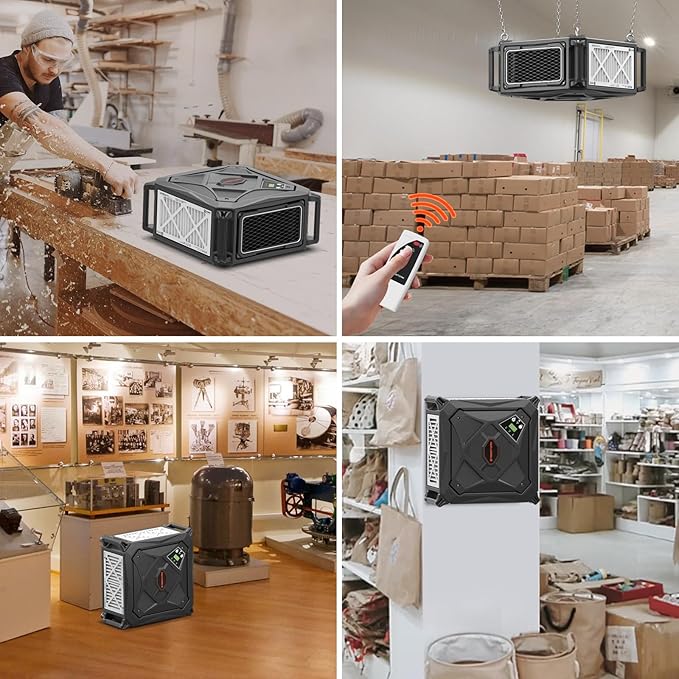 Abestorm 270 Degree Intake Air Filtration System, Built-in Ionizer, 780 CFM Hanging Dust Collector with Remote Control, for Woodworking Shops and Garage, 2-speed Adjustment, DecDust 780IG