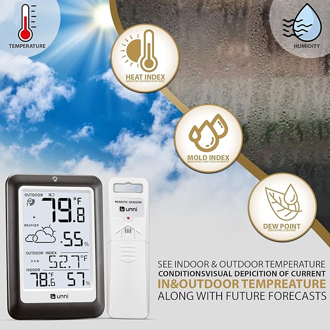 Indoor Outdoor Thermometer Wireless Weather Station, Temperature Humidity Monitor Battery Powered Inside Outside Thermometers with 330ft Range Remote Sensor and Backlight Display（Metal Black）