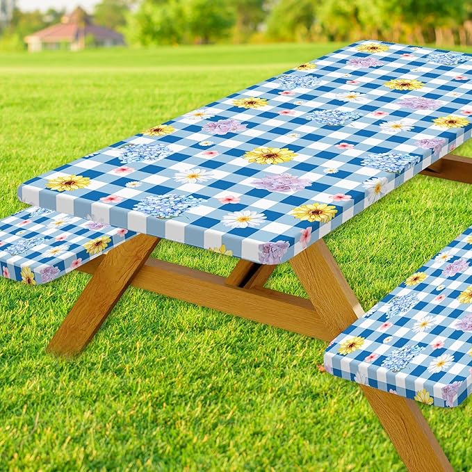 DYNH 3 Pcs Picnic Table Cover with Bench Covers, Waterproof Reusable Elastic Fitted Tablecloths for Rectangle Tables, Washable Floral Plaid Tablecloth for Camping,Outdoor Essentials,30X60IN