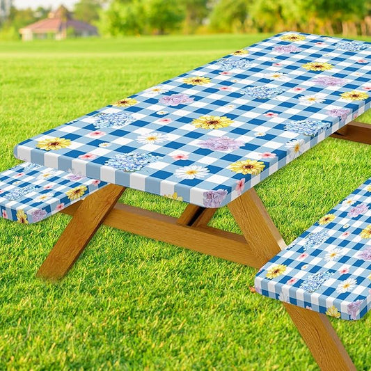 DYNH 3 Pcs Picnic Table Cover with Bench Covers, Waterproof Reusable Elastic Fitted Tablecloths for 8Ft Rectangle Tables, Washable Floral Plaid Tablecloth for Camping,Outdoor Essentials,30X96IN