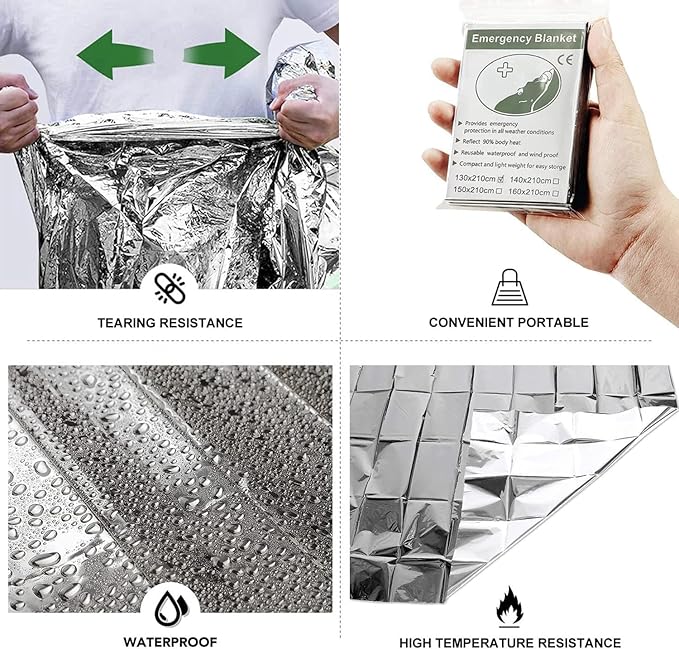 Emergency Foil Blanket (Pack of 50), Survival Thermal Mylar Blankets Individually Packaged Perfect for Outdoors, Hiking, Survival, Marathons or First Aid