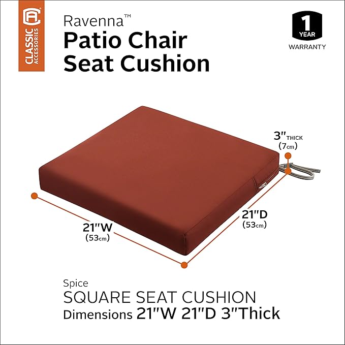 Classic Accessories Ravenna Water-Resistant 22 x 21 x 3 Inch Patio Seat Cushion, Spice, Chair Seat Cushion